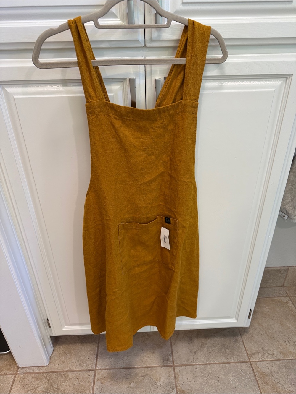 Mustard Yellow Linen Apron Dress with Front Pocket